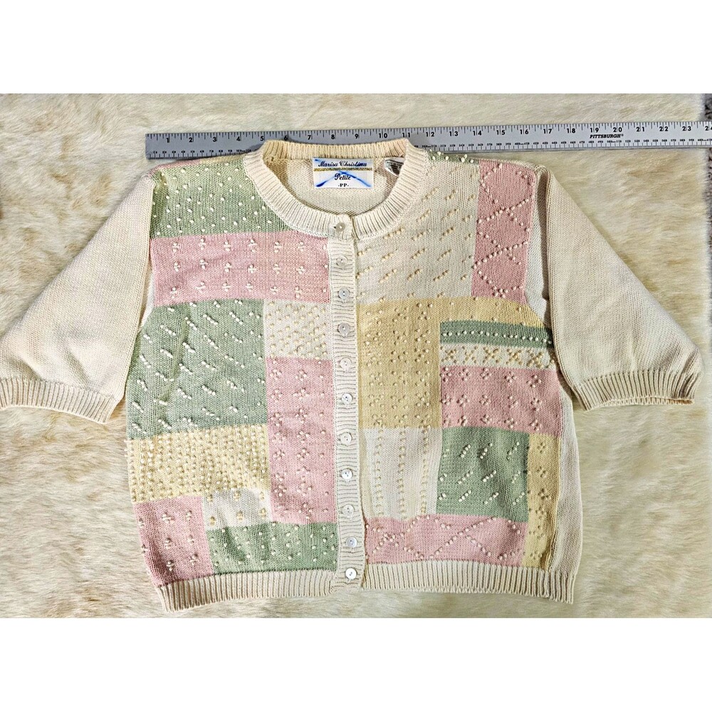 Vintage Marisa Christina Petites Patchwork Cotton Knit 3/4 Sleeve Crew Cardigan